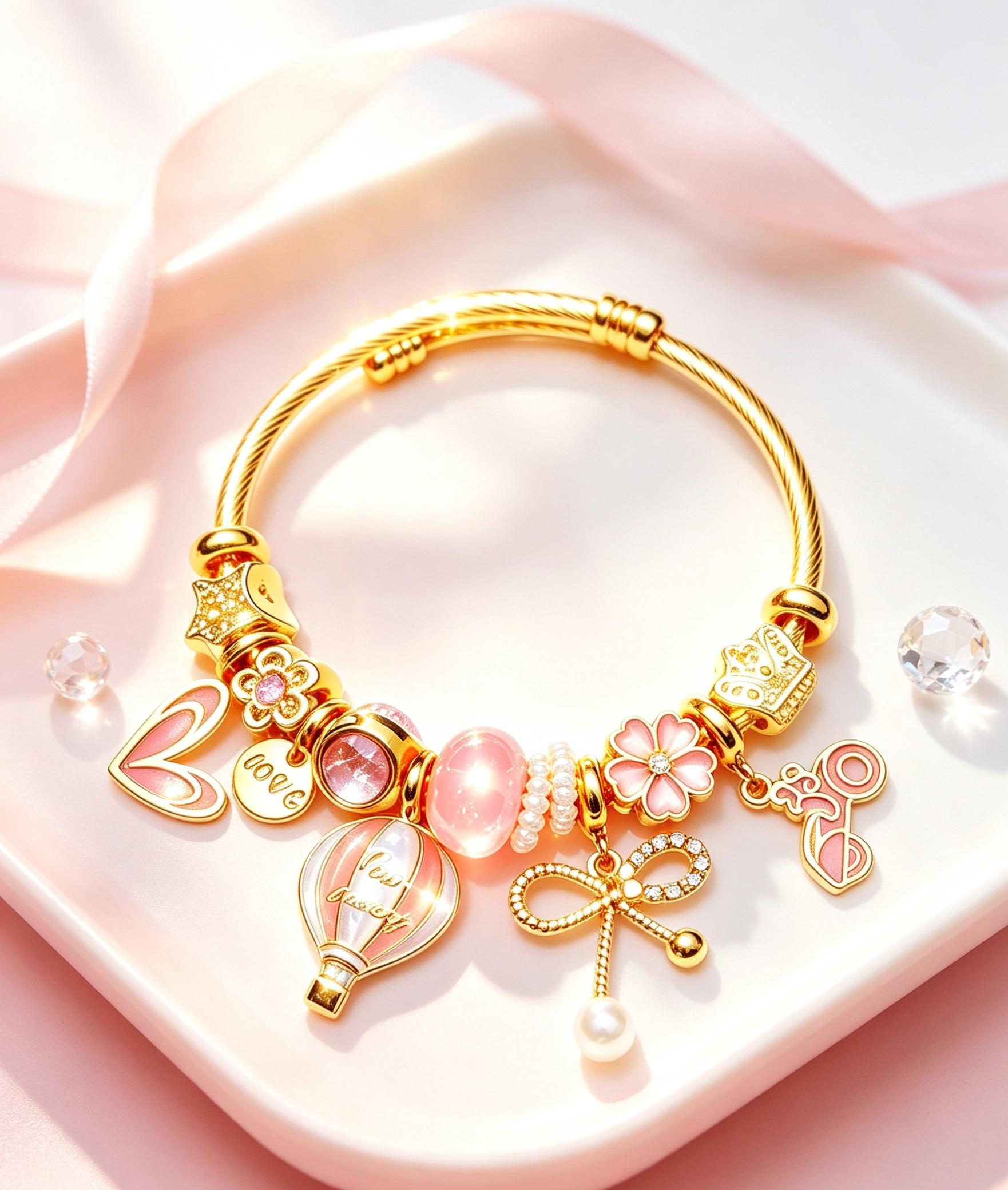 Pink Hot Air Balloon Charm Bangle, 14K Gold Twisted Cable Bracelet with Cherry Blossom, Bow, Heart & Pearl Pendant, Dainty Pink Crystal Beads Jewelry Gift for Women Teen Girls
