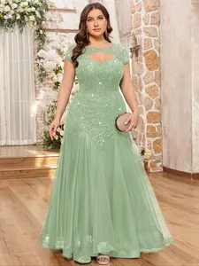 MISSMAY P24490A Plus Elegant Sweetheart Neck Sequin Floral Lace Contrast Mesh Ruffle Mermaid Hem Evening Party Long Dress, Homecoming Dress, Wedding Guest Dress, For Birthday, Dinner, Graduation