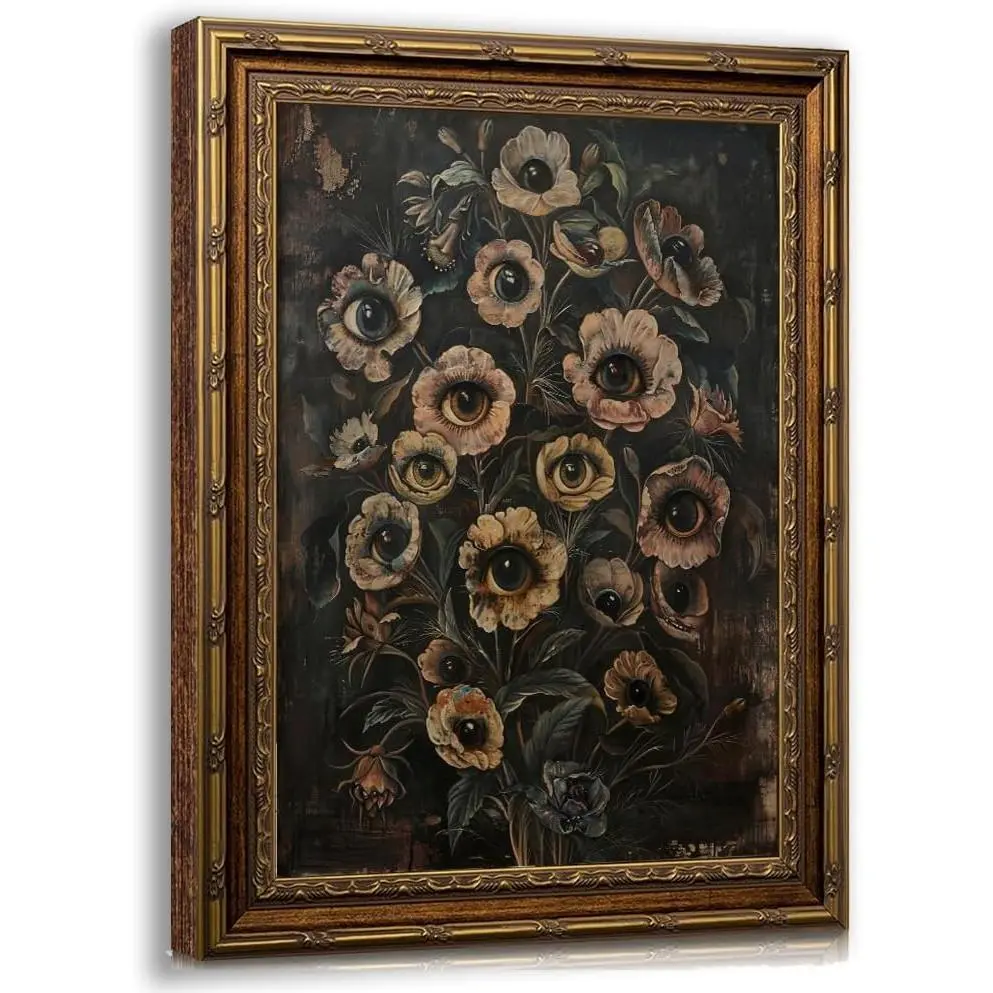 8x10in Vintage Gold-Framed Dark Gothic Floral Wall Art Painting - High-Detail Surrealism Eye Flowers Poster, Dark Academia Living Room & Bedroom Decor, Multi-Size Home Gift Option