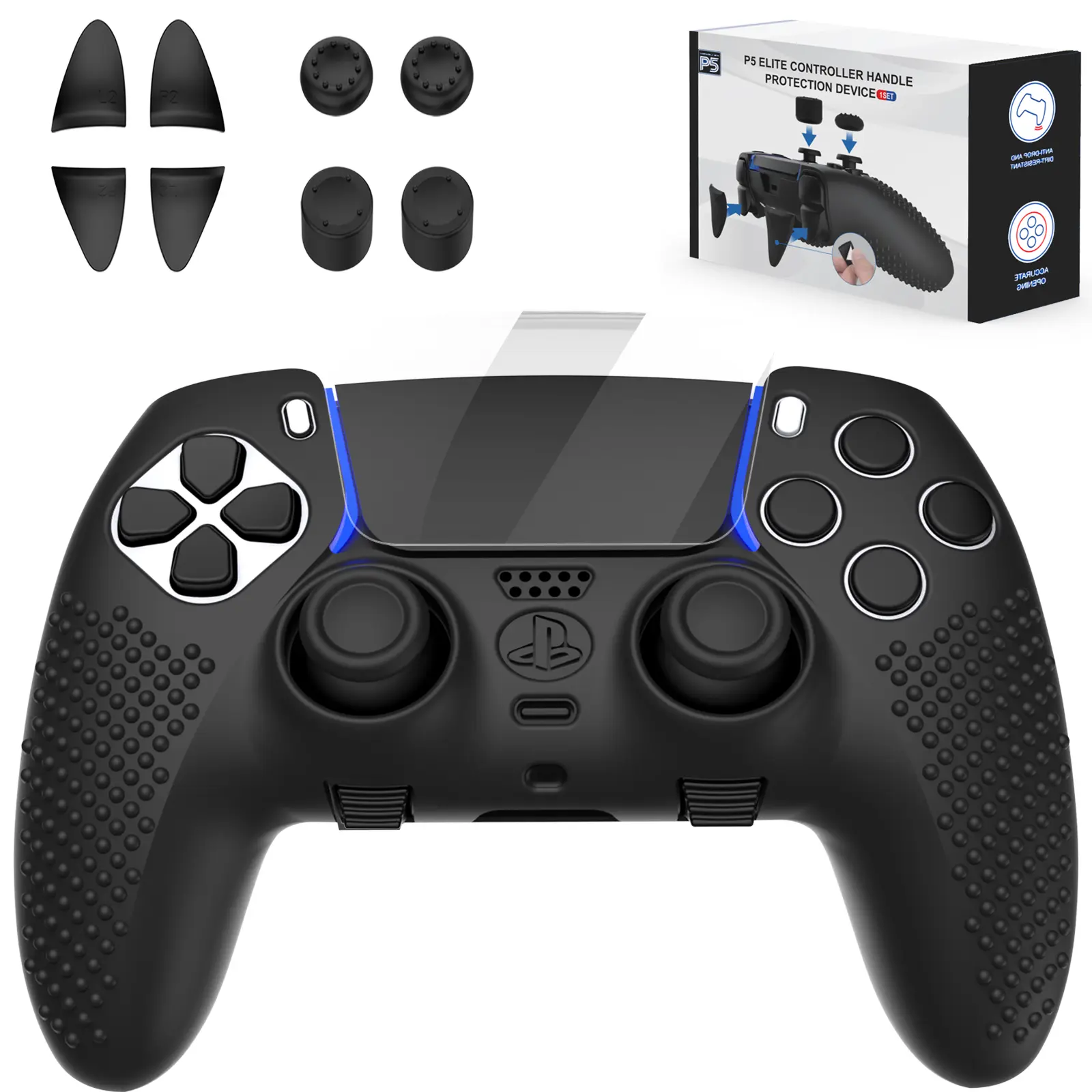 Black Shell for DualSense Edge, Anti-slip Kit Including Cover for PlayStation 5, 4 Thumb Caps, 4 Triggers Extenders, and 1 Touchpad Sticker