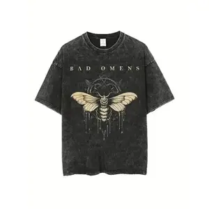 Bad Omens 2024 Tour Vintage Washed 90s Graphic T-Shirt for Men & Women - Oversized Black Band Tee with Moth & Dripping Wax Design Y2K Streetwear 250g washed T-shirt Menswear Top billabong  shirt Casual Unisex