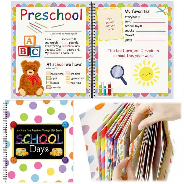 School Memory Book Preschool Back to School Gifts Keepsake for Kids Scrapbook Photo Memories from Preschool Through 12th Grade with 14 Pocket for Storage Portfolio Every Grade Pictures Campus Back to School Season Supplies