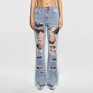 Lace Illusion Ripped Flare Jeans – Printed Distressed Stretch Denim Pants