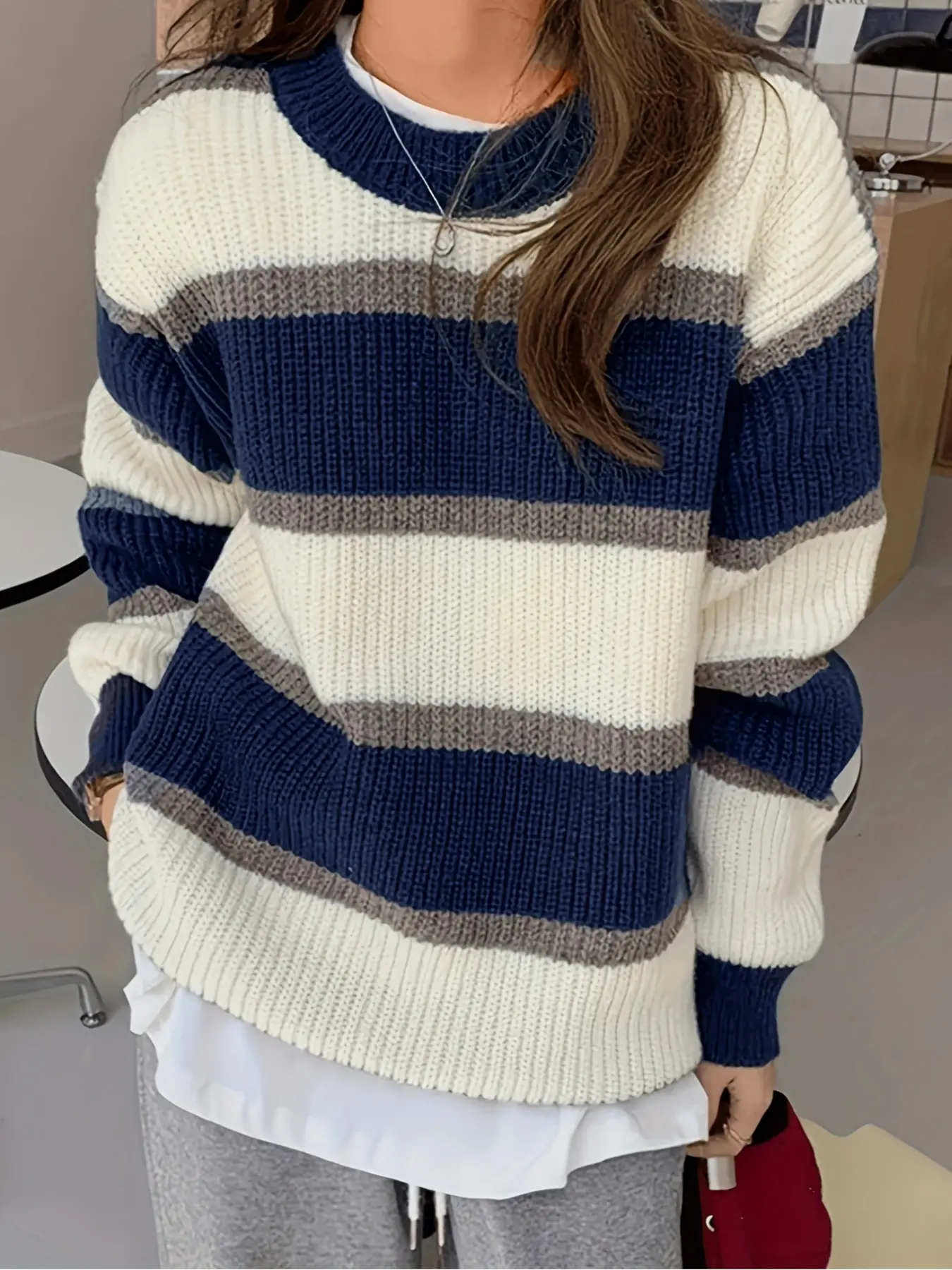 Vintage Preppy Style Blue Striped Knitwear Sweater, Classic Colors Never Go Out of Fashion, Perfect for Daily Wear & Street Style