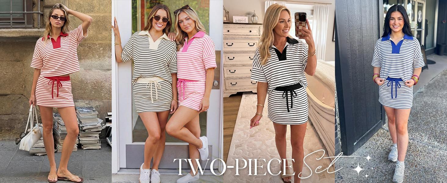 MEROKEETY Women's Striped 2 Piece Outfits Casual Skirt Set Workout Short Sleeve Polo Shirt Skort Matching Lounge Sets MEROKEETY Women's Striped 2 Piece Outfits Casual Skirt Set Workout Short Sleeve Polo Shirt Skort Matching Lounge Sets