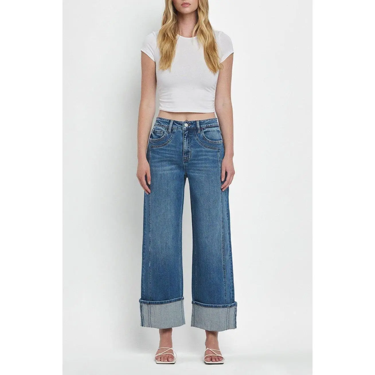 Flying Monkey Women's Retro Super High Rise Wide Leg Jeans - Comfort Stretch Denim, Cuffed Ankle, Oversized Loose Fit, Statement Style, All-Day Wear Bottoms