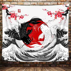 2026 New Japanese Anime Tapestry, Black And White Yin Yang Koi Fish Tapestry For Bedroom Aesthetic, Asian Wave Cherry Blossom Tapestries Poster Beach Blanket College Dorm Home Decor, Made In USA Table Decorative tapestry chill room accessor
