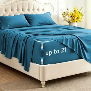 SASTTIE Extra Deep Pocket Bamboo Sheets, 4 PCS Ultra-Soft Luxury Feel - Ultra Cooling Sheets, Hotel Luxury Fitted Sheet Set, Soft Wrinkle-Free For Extra Deep Mattresses, Soft Sheet & Pillowcase Sets, Queen Size Clearance, Include Random Color