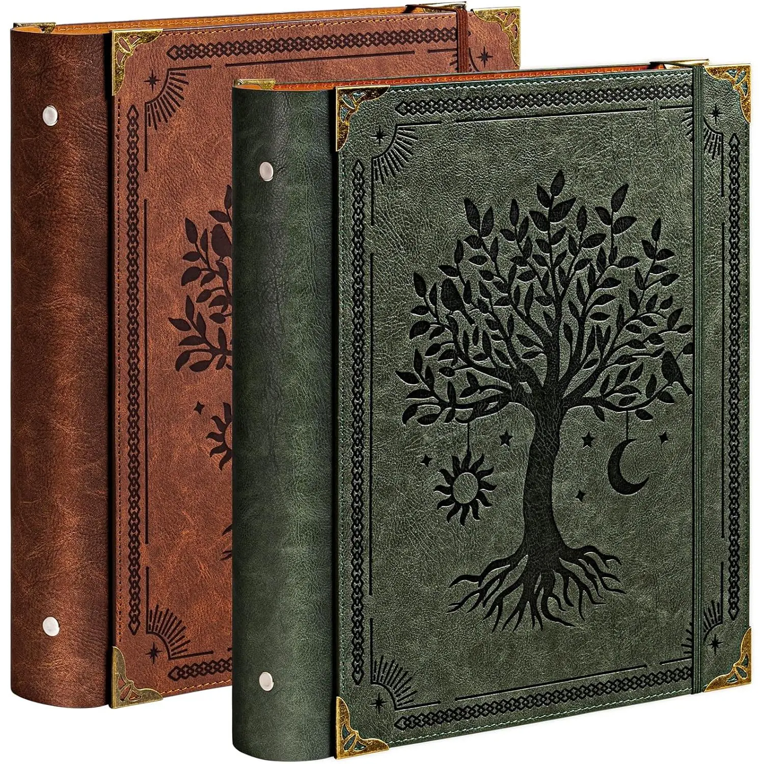 2 Pack Leather 3 Ring Binder Fits 8.5"x11" Letter Size Paper, 2 Inch Round Ring Binder Holds 500 Sheets, Notepad Paper Cover Loose Leaf Organizer, Green and Brown