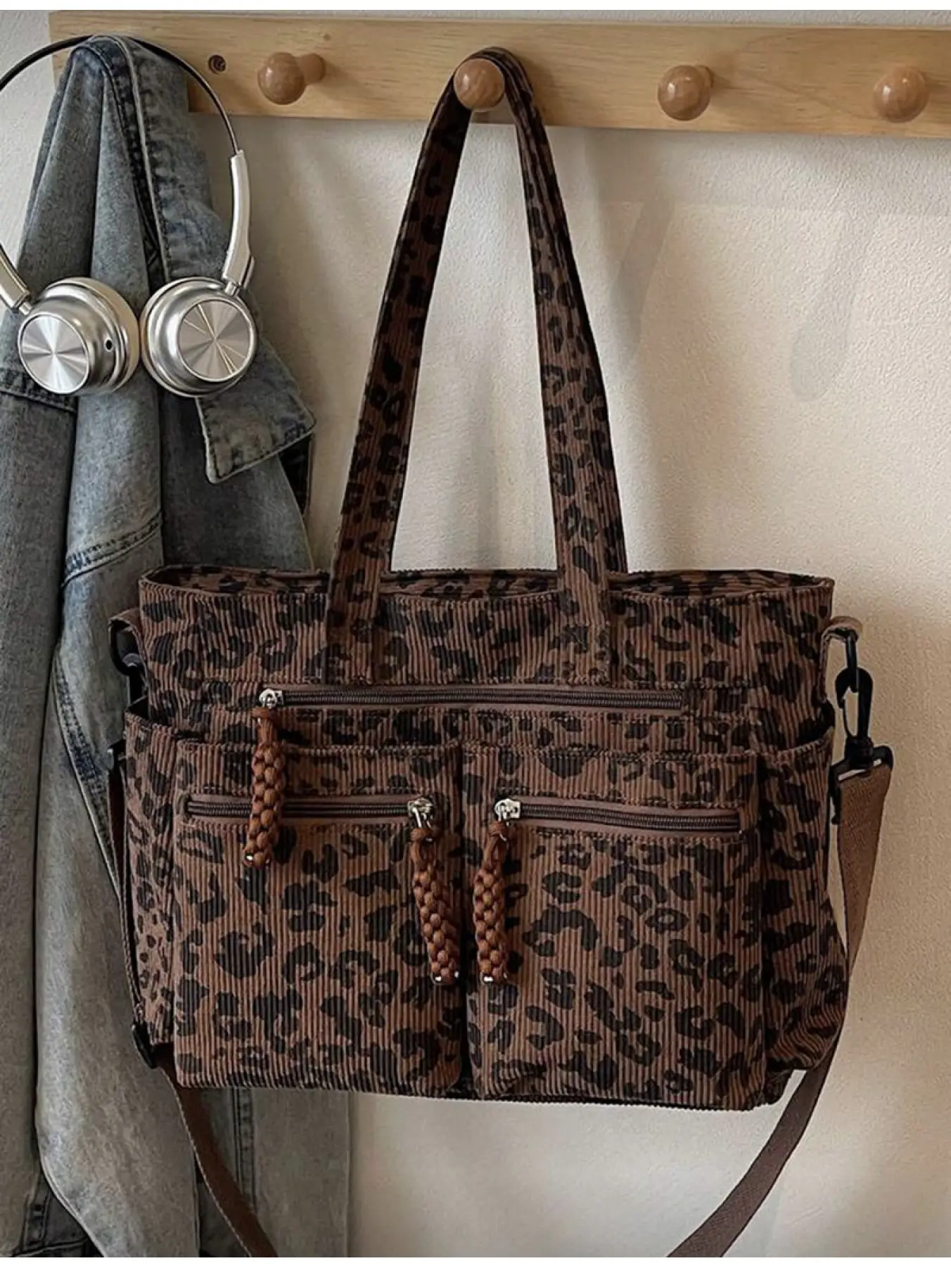 Women Leopard Print Corduroy Handbag Corduroy Tote Bag Fashionable