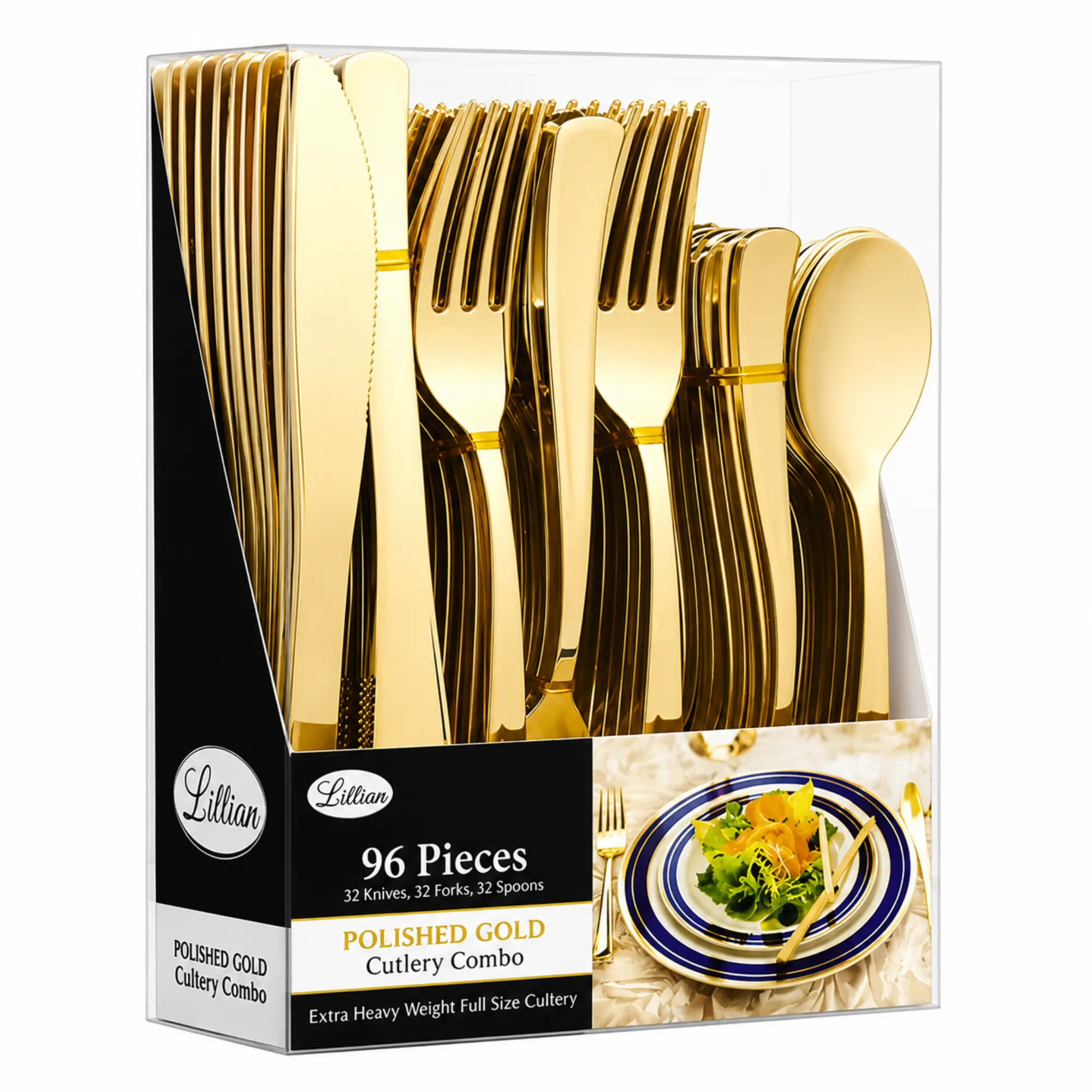 VeZee Lilian Gold Heavyweight Plastic Cutlery Set 96 Piece Combo Pack, Premium Disposable Flatware with 32 Knives, 32 Forks & 32 Spoons, Elegant Gold Finish for Parties, Weddings, Catering & Events