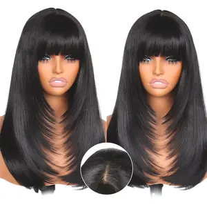 U&a Hair Glueless Yaki Straight Layered Wigs with Bangs 5x4 Lace Front Synthetic Wig 14 Inch Wear and Go Pre Style Realistic Look with True Scalp Tiny Knots