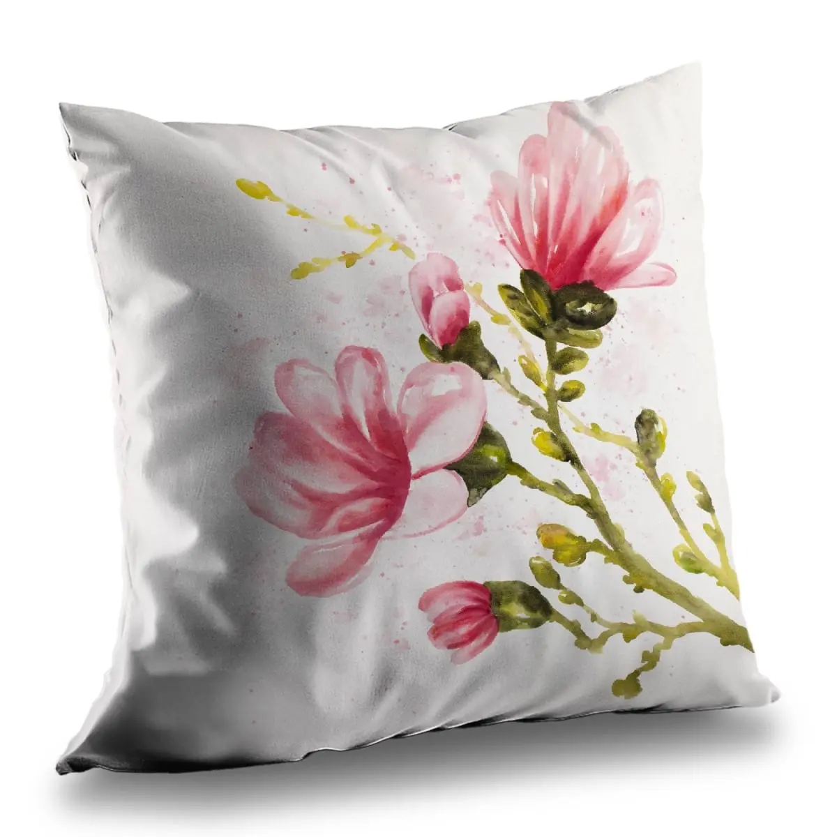 360 stand 14x14 in Floral Motif Watercolor Magnolia Flower Poly Twill Pillow, Pink Botanical Art Soft Furnishing for Home Decor, Botanical Standard Pillows, Floral Standard Pillows
