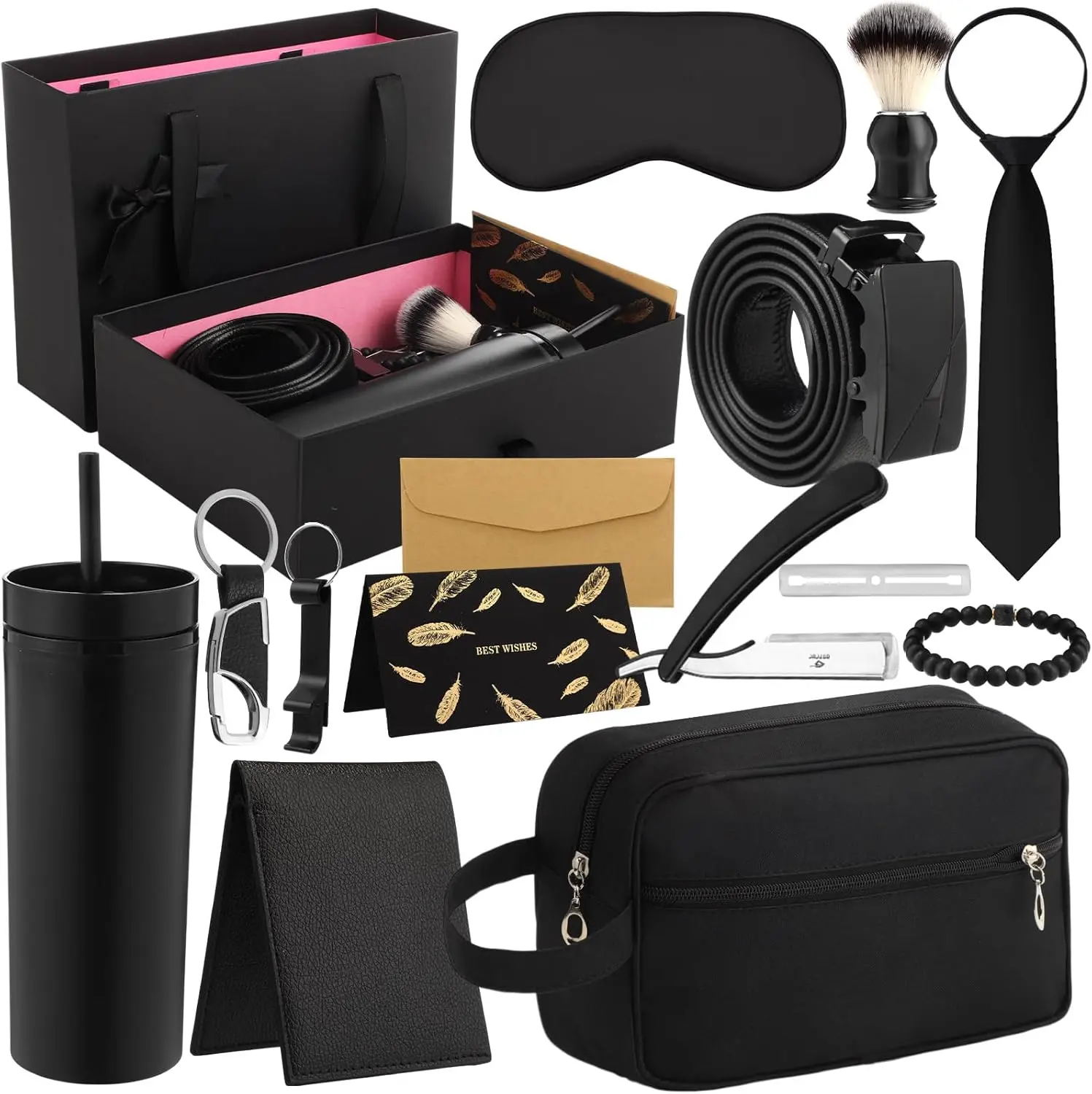12 Pcs Father Gift Basket for Men Birthday Gift Set 16 oz Tumbler Bottle Opener Keychain PU Leather Wallet Tie Belt Bag Bracelet Eye Mask Thank You Present for Him Dad Husband Brother