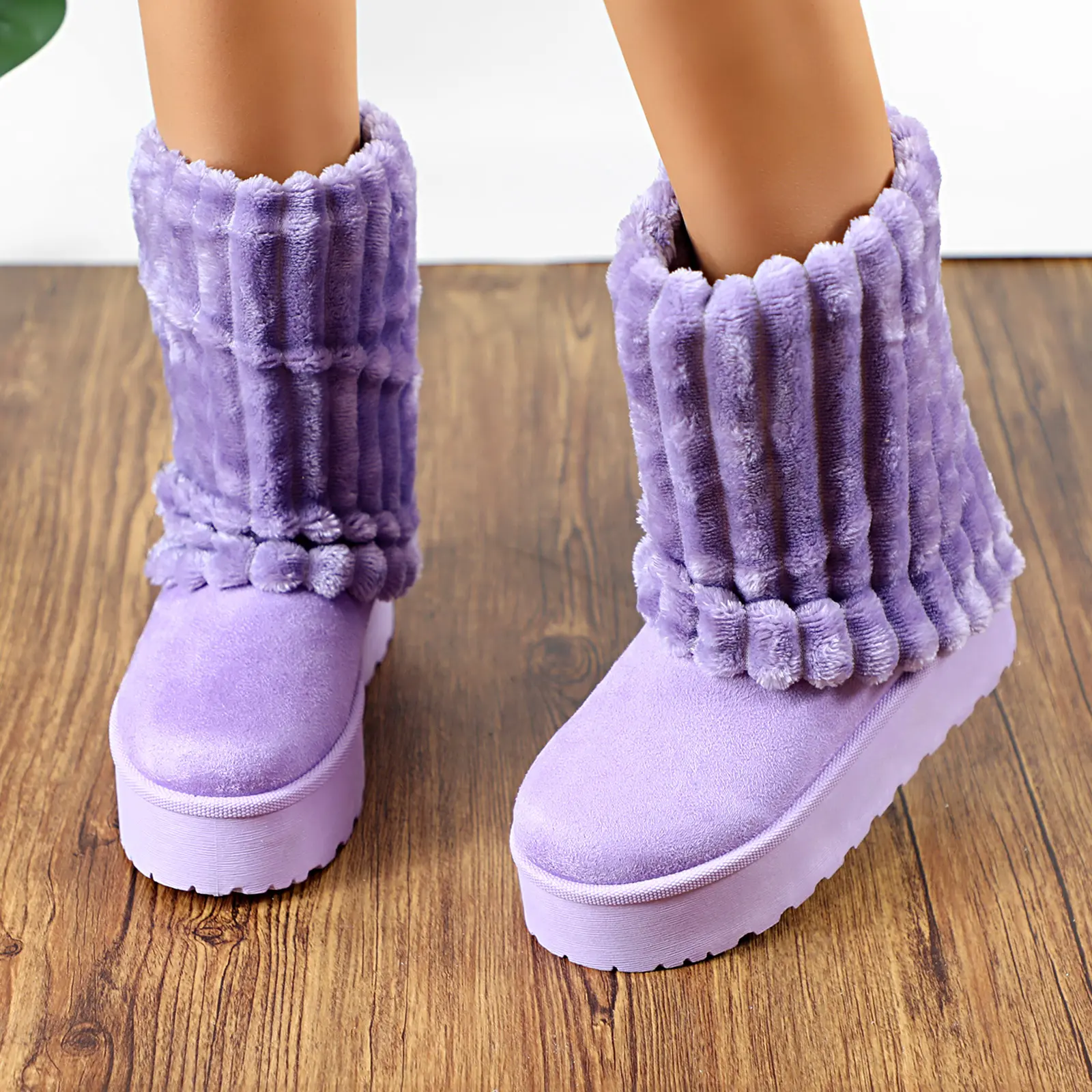 Women's Faux Suede Fold Over Platform Snow Boots Mid-Calf Winter Fuzzy Faux Fur Lined Round Toe Anti-slip EVA Outsole Outdoor Shoes