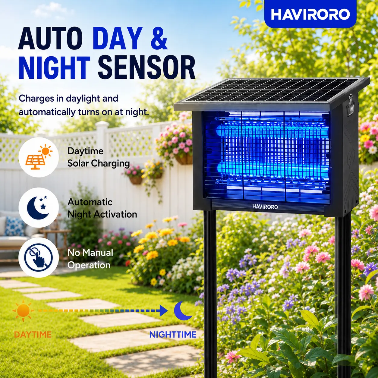 HAVIRORO Solar Powered Bug Zapper Outdoor, Waterproof Mosquito Killer Lamp for Yard Patio Garden, Auto Dusk-to-Dawn Sensor