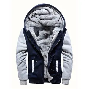 Men's Warm Fleece Hooded Jacket, Casual Color Block Jacket Coat For Fall Winter