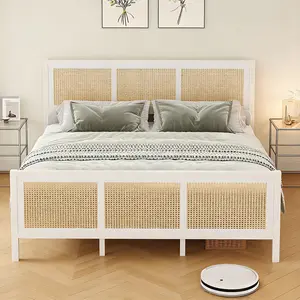 HOMBCK Boho Bed Frame With Headboard, Full Queen King Rattan Bed Frame Queen, Queen Platform Bed Frame With Strong Metal Slats, No Box Spring Needed, Noise-Free, Easy Assembly, White, Black