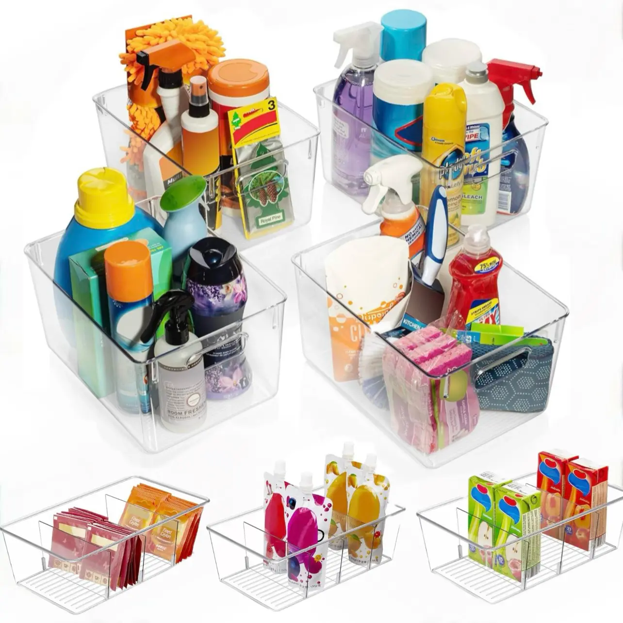 7-Pack Heavy-Duty Rectangular Stackable Plastic Storage Bins - 2-Size Home Organizer Set with Laundry Containers for Pantry, Kitchen Cabinet