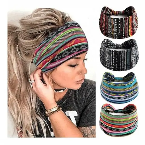 4 Pack Boho Headbands For Women Fashion Stretch Wide Hair Bands Knoted Turban Head Bands Yoga Running Sweatband Elastic Headband Stylish Wrap Headbands Hair Accessories