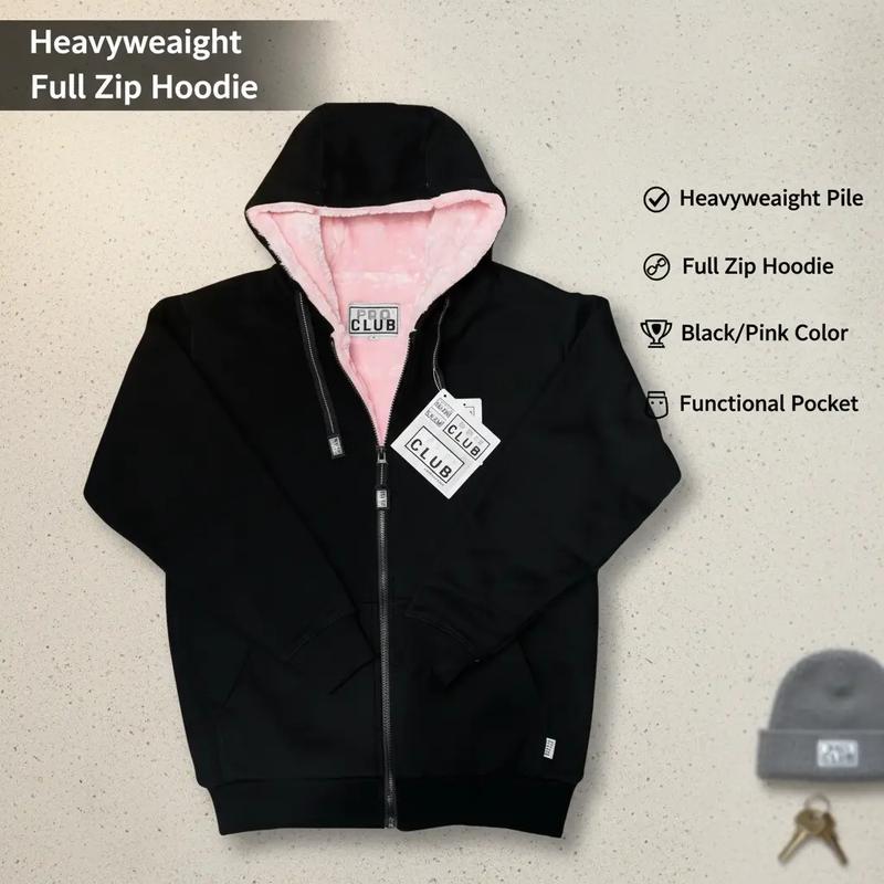 PRO CLUB HEAVYWEIGHT PILE FULL ZIP HOODIE - BLACK/PINK