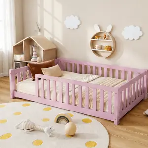 ARCH Twin Size Kids Floor Bed with Safety Guardrails, Pink Rubber Wood Montessori Bed Frame for Toddlers, Low Platform Bed with Slats for Bedroom Playroom, Easy Assembly Children's Bed for Transition to Independent Sleeping, Twin Size Options