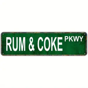 Vintage RUM & COKE Metal Tin Sign - 4x16 Inch Retro Wall Hanging Decorative Plaque for Bar, Yard, or Garden - Rustic Green & White Road Street Theme with Distressed Finish, Metal Outdoor Decor