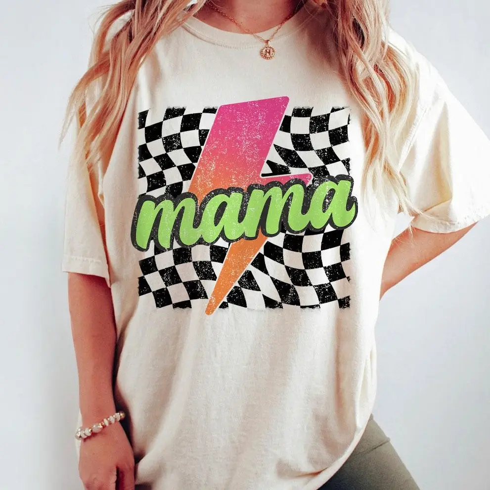 Neon Mama Shirt, Checkered Mama Shirt, Lightning Bolt Shirt, Mother's Day Gift, Retro Checkered Mom T-shirt, Mom Comfort Tee, Gift for Her, Retro Mama Shirt, Mom Women's Tops. Unisex Crew Neck T-shirt for Men and Women, All-Season Comfort, Cotton.