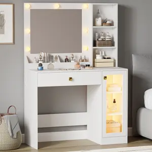 Small Space Vanity,Makeup Vanity Desk with Adjustable Brightness 3 Light Modes, RGB Storage Cabinet, Power Outlet,Suitable  for small space bedroom vanity
