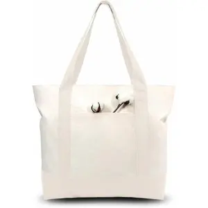 TOPDesign 1-Pack Canvas Tote Bag with an External Pocket, Reusable Grocery Shopping Bag, Top Zipper Closure, Daily Essentials (Brown)