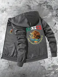Men's Mexico Flag Print Zip Up Hooded Jacket, Regular Fit Casual Long Sleeve Outerwear for Spring & Fall, Men's Clothes for Daily Wear, Coats