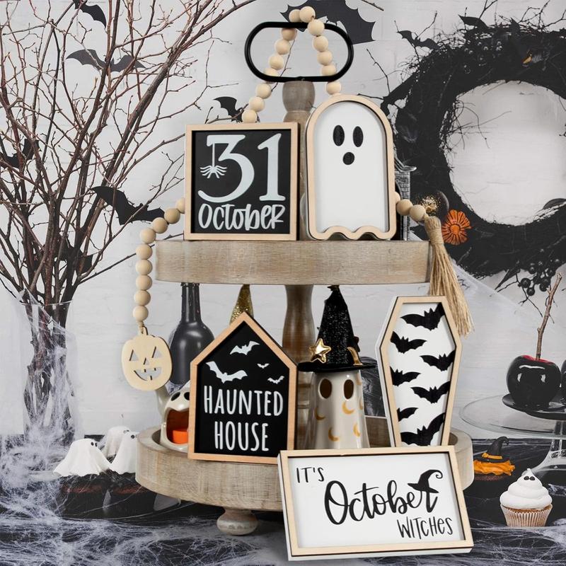 6-pcs Halloween layered tray decoration, including bat coffin, haunted house, ghost, witch, October 31st logo, bead wreath, table frame Halloween centerpiece