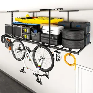 4x8ft Overhead Garage Storage Rack with 6 Hooks, Adjustable Heavy Duty Metal Ceiling Rack, Black