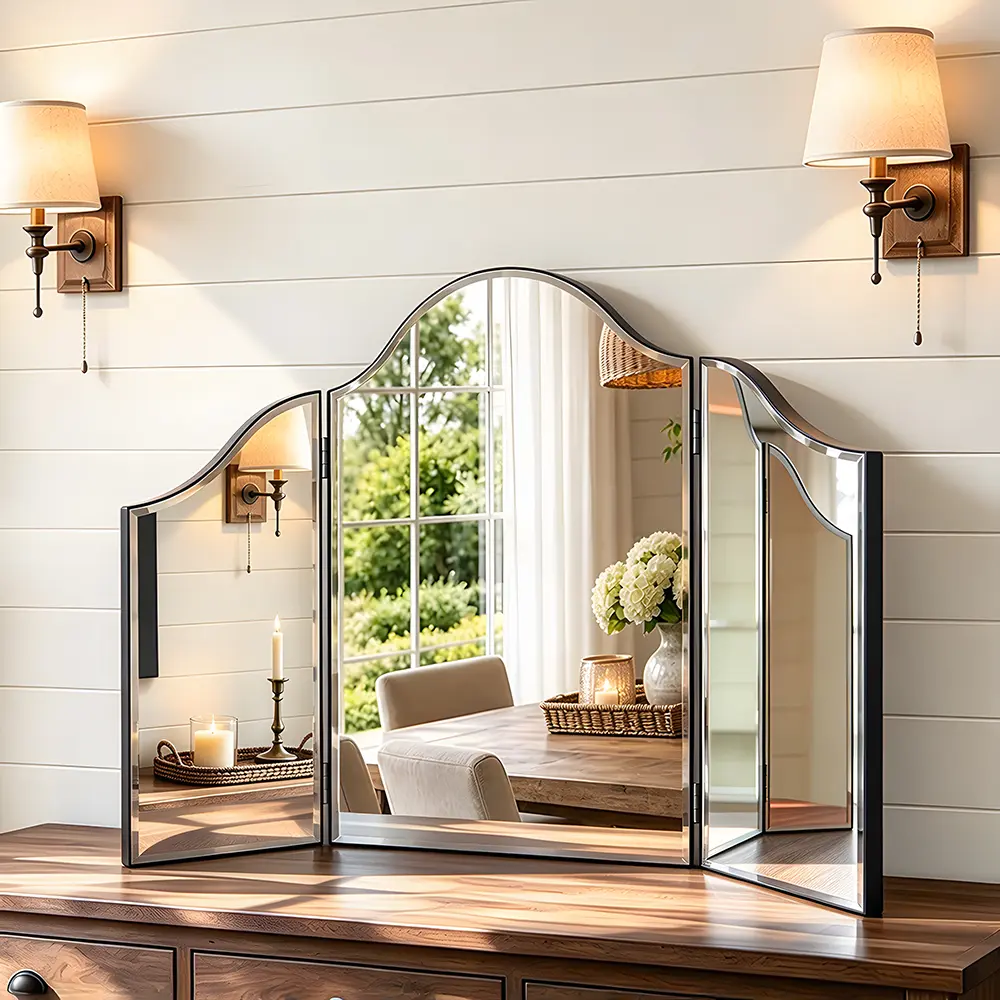 Hollywood-Style Tri-Fold Bathroom Mirror with Rhinestone Accents, 180° Rotatable Adjustable, Silver-Tinted Glass with Angled Edges, Wall-Mountable Float Design, Decorative Desktop Gift for Bedroom Dressing Tables