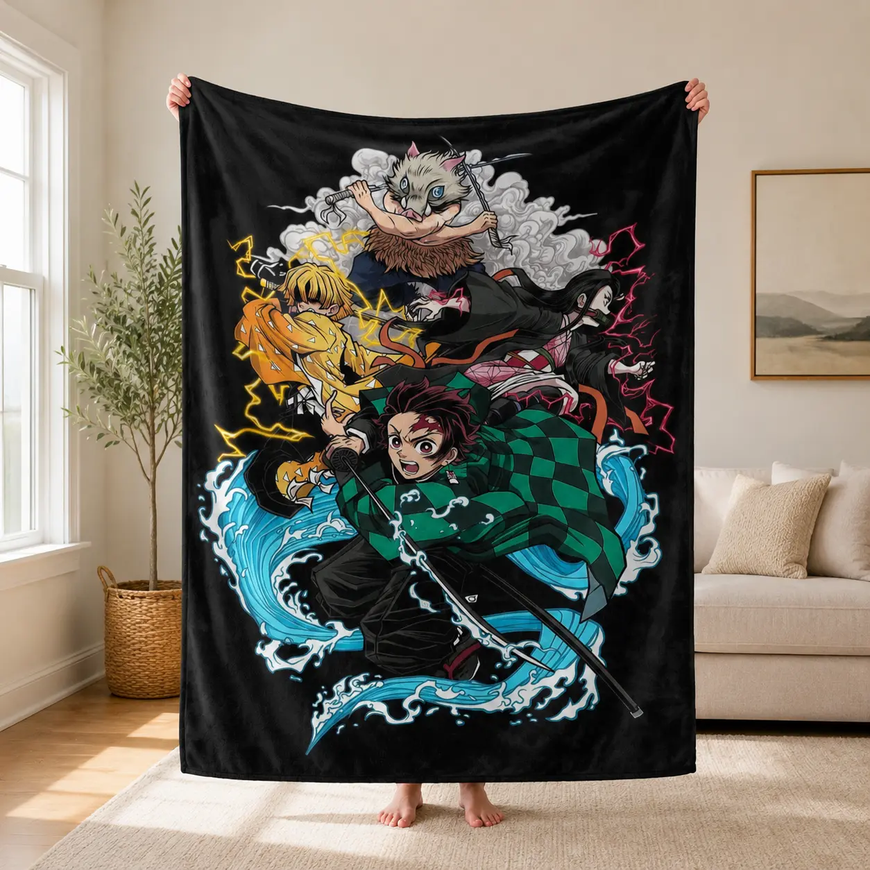 Demon Slayer-inspired 4 anime warriors fleece throw blanket, boar-mask fighter, lightning & water effects, ultra-soft warm cozy fleece throw, anime fans teens bedroom couch/sofa/bed decor, gaming room, winter gift