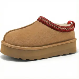 Women’s Braided Suede Slippers Mini Platform Boots, Fuzzy Slip On Indoor Outdoor Shoes with Fluffy Fur Lining, Warm Winter Ankle Boots for Home Walking, Cozy Autumn Winter House Slippers