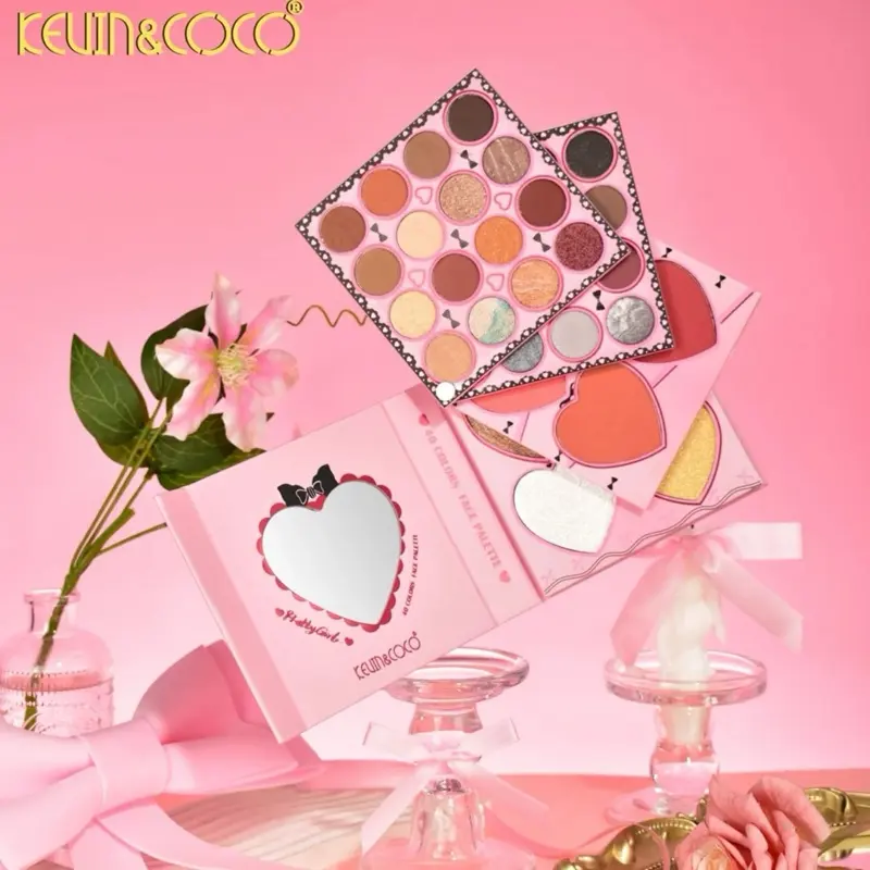 Kevin & Coco 40-Color Powder & Bow Eyeshadow Palette - Pink, Soft Glam, Shimmery, Assorted Colors Eyeshadow for Makeup Enthusiasts, Pink Eyeshadow
