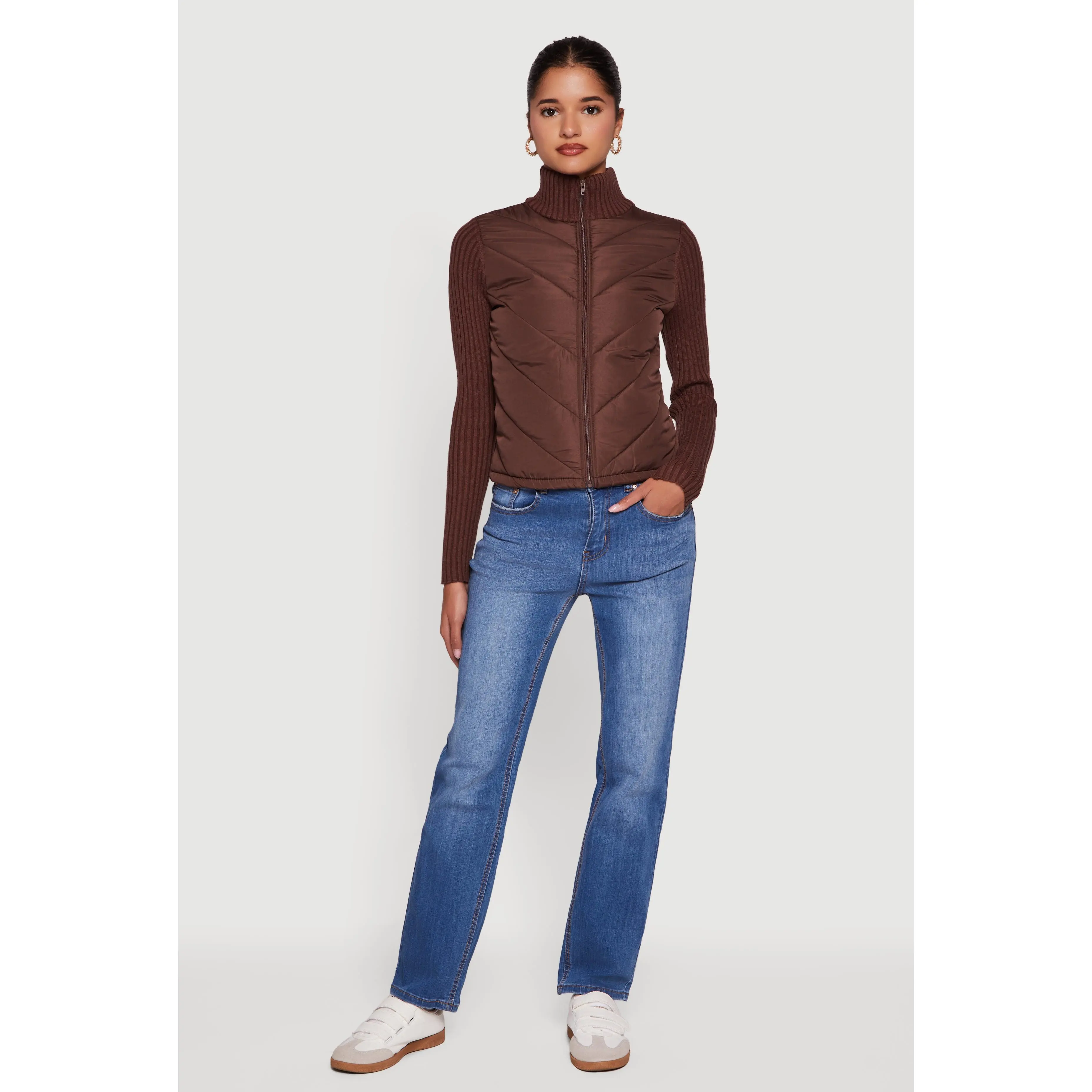 Quilted Puffer Jacket with Ribbed Knit Sleeves