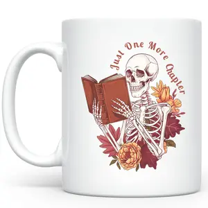 Just One More Chapter Ceramic Mug, Funny Floral Skeleton Reading Coffee Mug, Vintage Bookish Tea Cup, Book Lovers Cup, Funny Gift For Book Lovers