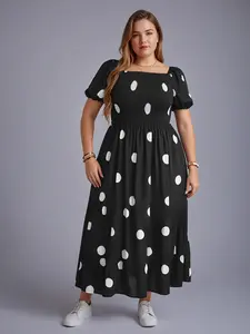 【Plus Size】 Frenchy Style Ditsy Floral Print Puff Sleeve A Line Maxi Dress, Square Neck Shirred Dress, Dresses for Women, Women's Clothes for Summer