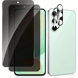 [2+2 Pack] Galaxy S24 FE Privacy Screen Protector, 2 Pack Privacy Tempered Glass Film and 2 Pack Camera Lens Protector, Anti-Spy, Anti-Fingerprint, High Clarity, Bubble Free Protection for Samsung Galaxy S26/S26 Plus/...