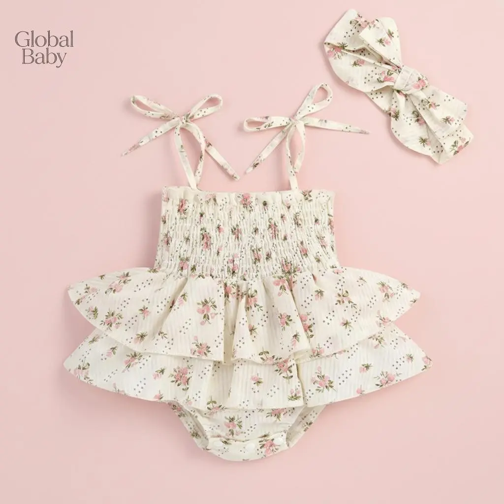 Global Baby Clothes Summer New Girl Suspender Triangle Romper Super Cute Baby Girl Summer Jumpsuit Set Floral Elasticated Bust Sleeveless Ruffled Romper with Bow Headband