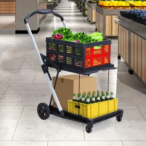 Garvee 2-Tier Foldable Portable Shopping Cart with Wheels, Removable Storage Crate, Aluminum Rolling Grocery Cart for Groceries, Office, and Travel, Red Color