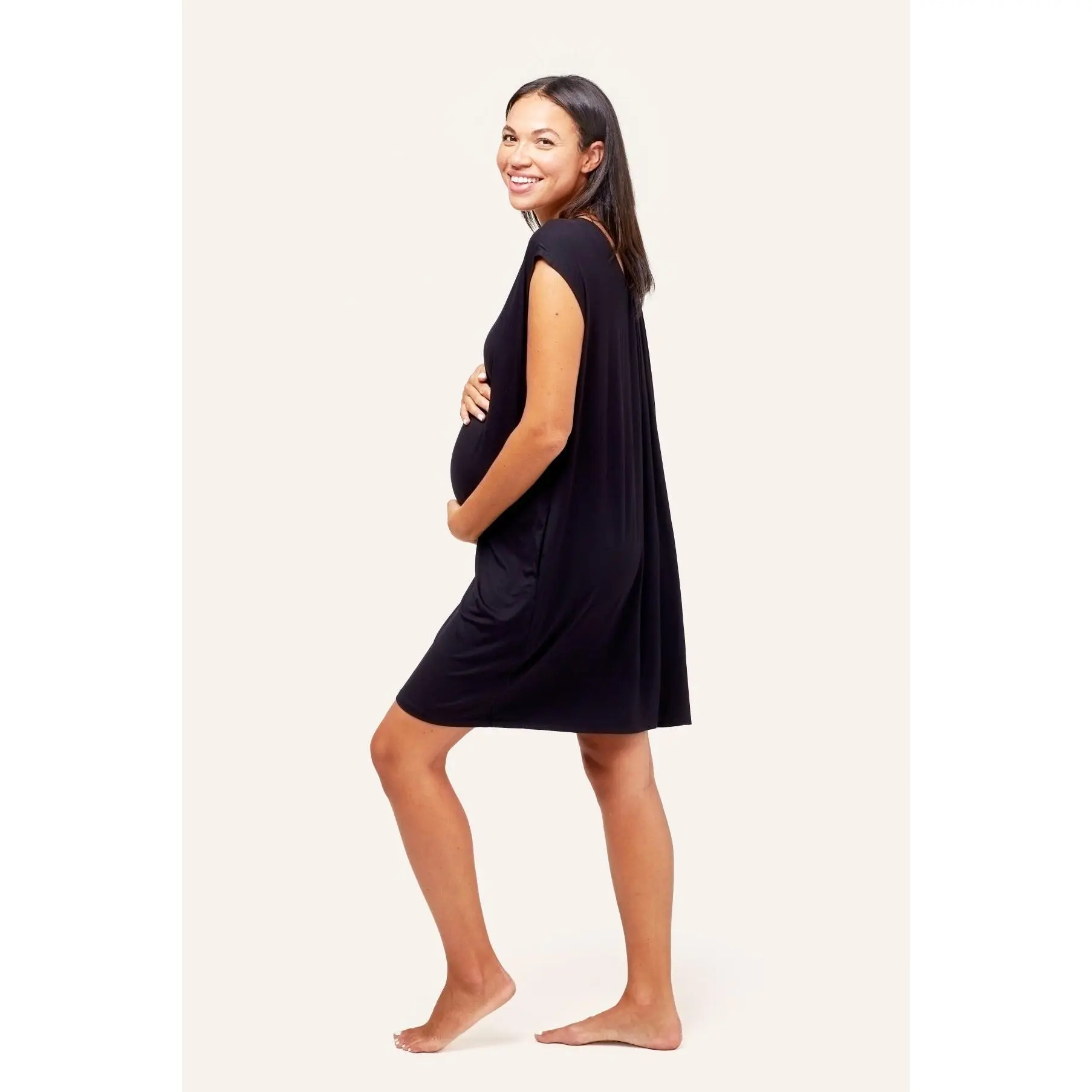 Clementine Maternity + Nursing Nightie - Sleeveless Crew Neck Summer Plain Nightgown with Snap-Front Pockets & Elastic Layer for Hospital Bags