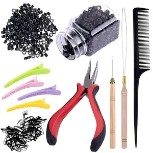 Hair Extensions Kit 500 Pcs Black Micro Ring Beads 1 Hair Extension Plier 2 Hook Needle Pulling Loop 4 Plastic Alligator Hair Clips 1 Comb and 2 Bags Black Mini Rubber Hair Elastic