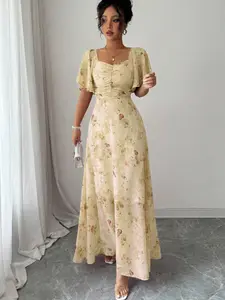 2026 Summer Printed Ruffle Sleeve Slim-Fit Elegant Dress (Lined)