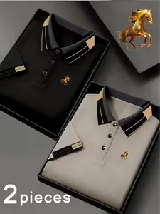 2-Pack Men's Fashion Business Casual Polo Shirts, Mixed Colors, Breathable, All Seasons, Polyester Material, Outdoor Sports, Holiday Gift, Top