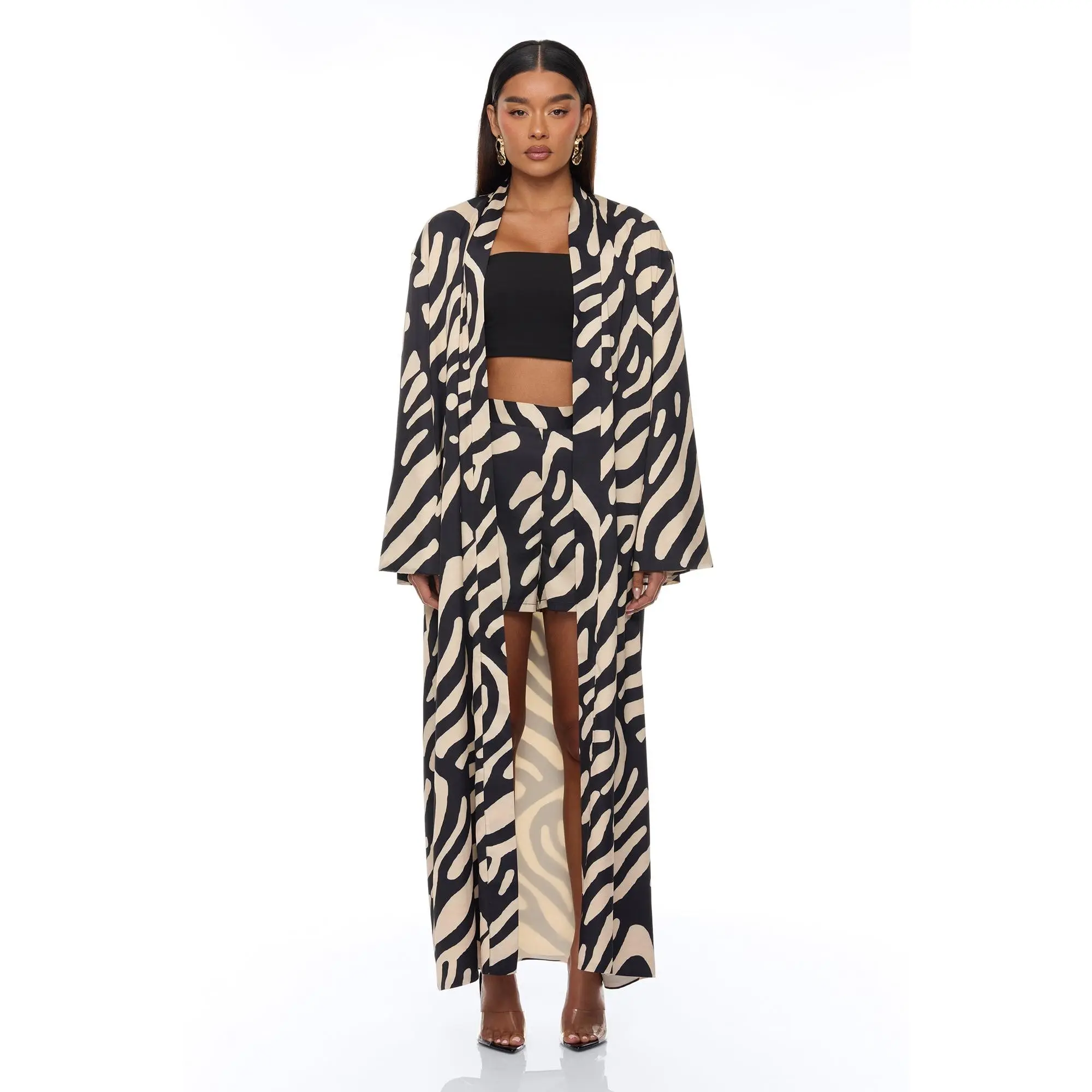 Daydreaming Satin Kimono Short Set - Black/combo