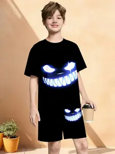 Boys' Glow-In-The-Dark Demon Short Sleeve Set, Halloween, Summer Sports Casual Two-Piece, Asymmetrical Design, Fitted Shorts