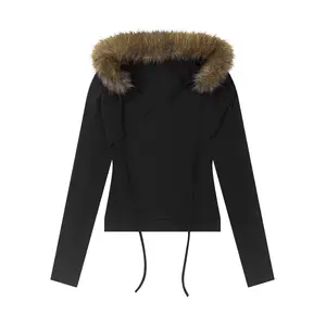 FDR 2-Piece Cardigan & Tank Set Slim Fit Tie-Up Detachable Faux Fur Collar for  Y2K  Casual Layered Top
